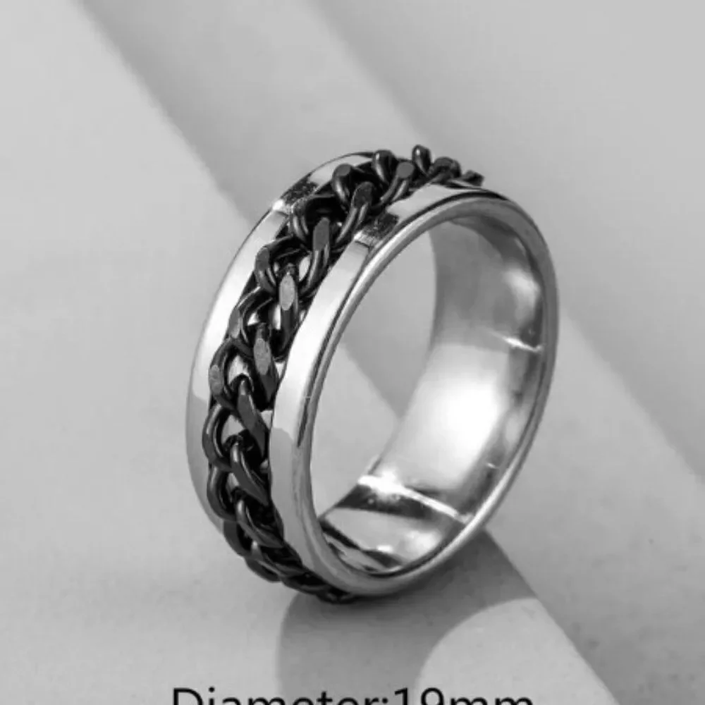 SILVER STAINLESS STEEL BLACK BRAIDED RING